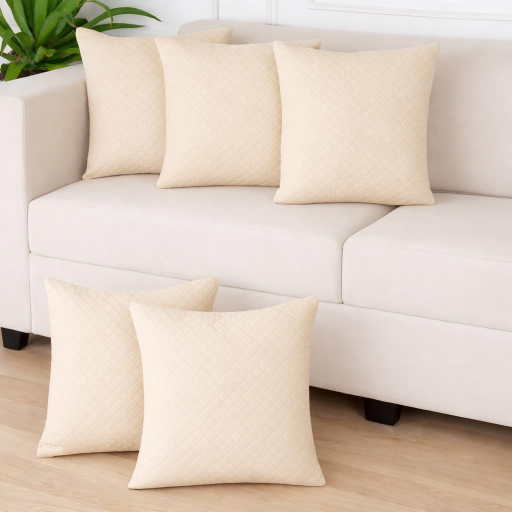 STITCHNEST Quilted Velvet Cushion Covers Set of 5 | Soft Beige | 18x18 Inches | Premium Sofa & Living Room Décor