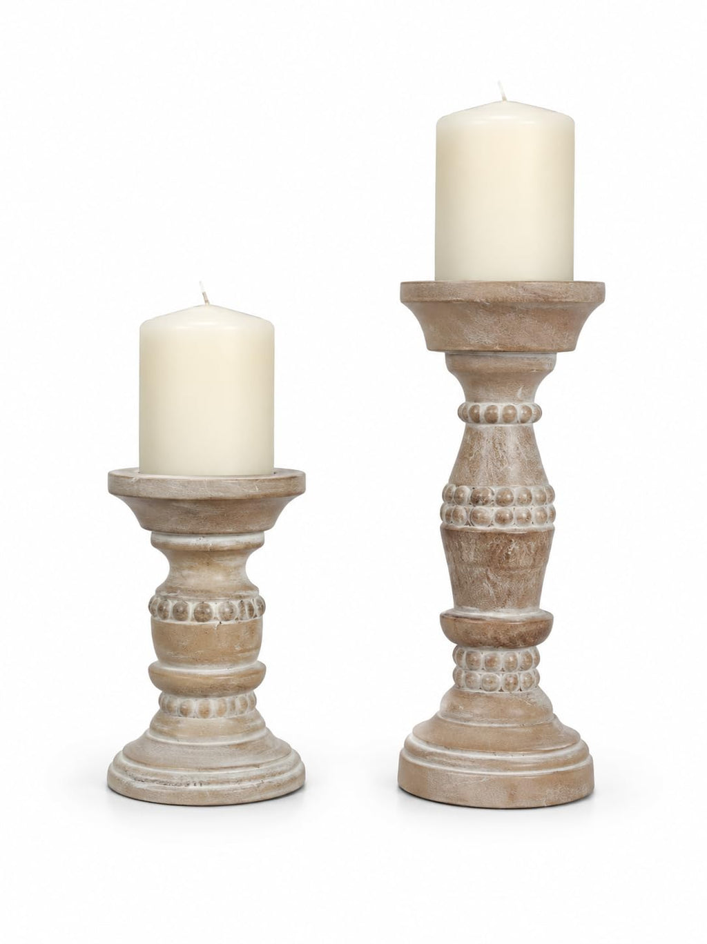 Wooden Pillar Candle Holder Natural Wood Finish with Carved Beans Filled with White Set of 2 Ideal for Weddings or Parties as Well as Home Decor