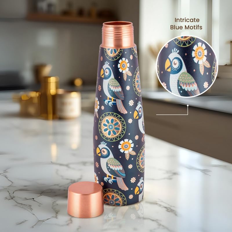 Vip luxe Copper Bottle | Bird Motif | UV Printed Design | Pure Copper Water Bottle for Health & Wellness | 900 ml Capacity