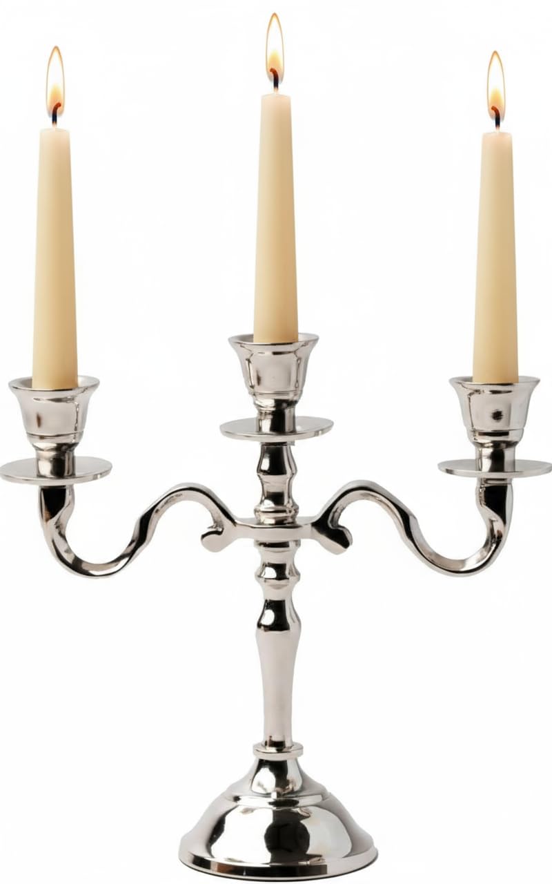 PURESTORY Candle Holder | Mini 3 Arm Taper Candle Holder | Silver Aluminium | Heat Resistant | Candlesticks for Home Decor, Wedding, Party, DinningTable Centerpiece, Church Altar & Festive Occasions