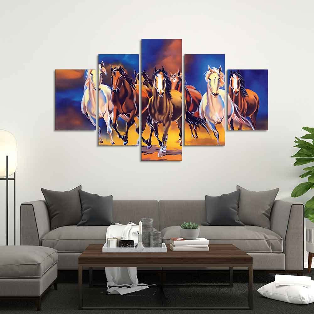 VIBECRAFTS Seven Horses Five Pieces Premium Canvas Wall Painting For Home|Office|Living Room|Gift (PTVC5Pcs1_5528)