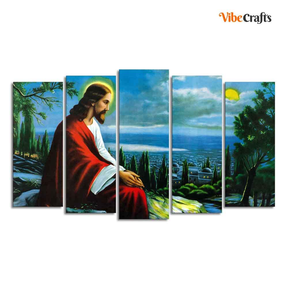 VIBECRAFTS Premium Wall Painting of Jesus Christ in Jerusalem Set of Five Pieces For Home|Office|Living Room|Gift (PTVC5Pcs2_6601)