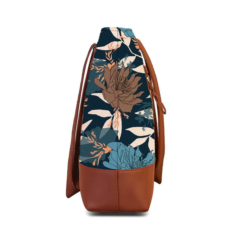 The Purple Tree Women Handcrafted Tote with Vegan Leather Handles - Midnight Flower Shoulder Bag for Office & College, Oversized Contemporary