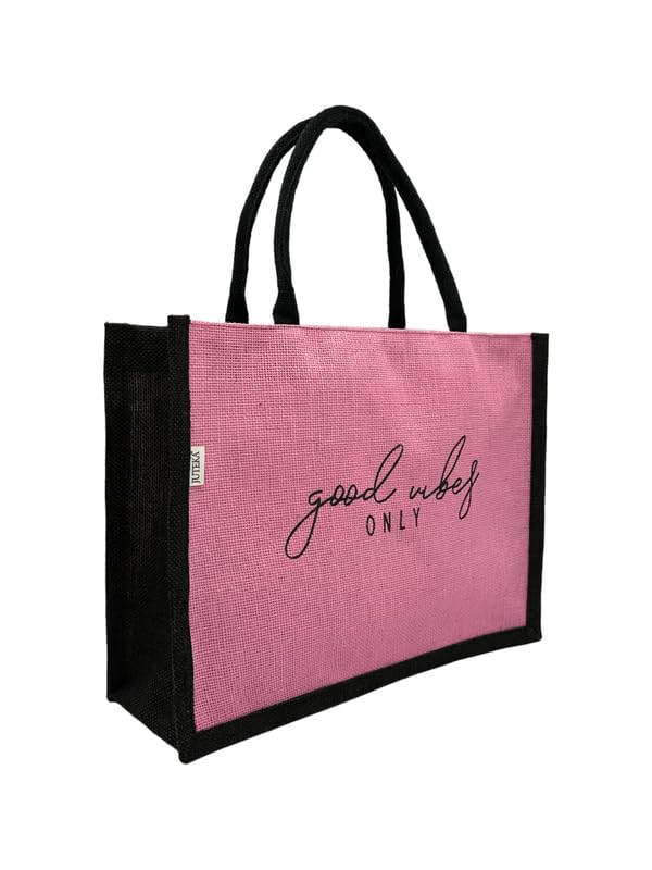 JUTEKA Unisex Quote Printed Jute Bag For Lunch, Office, Grocery, Picnic, Tiffin, Shopping Hand Bag With Padded Cotton Handles, Pink