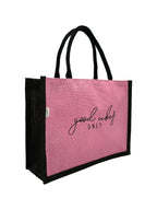 JUTEKA Unisex Quote Printed Jute Bag For Lunch, Office, Grocery, Picnic, Tiffin, Shopping Hand Bag With Padded Cotton Handles, Pink