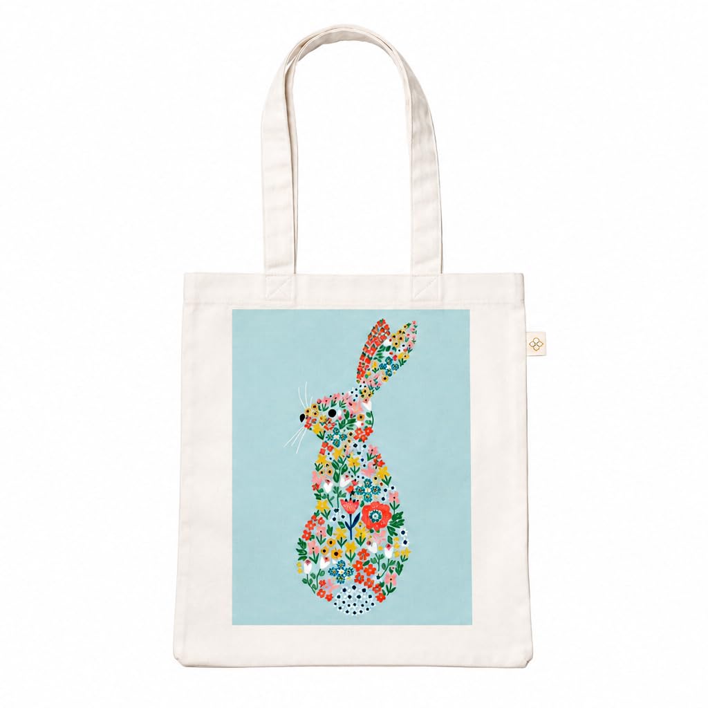 Cotton Canvas Tote Bag with Floral Bunny Print | Reusable Lightweight Shopping Bag with Long Handles | Eco-Friendly Everyday Carry Bag for Shopping, Travel & Gifting