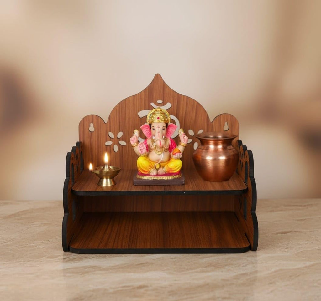 Aartor Engineered Wood Hand Crafted OM Pattern Pooja Mandir for Home & Office, Wall Mounted Wooden Temple, Pooja Stand with Storage Cabinet, Home Decor (Design1, Small)