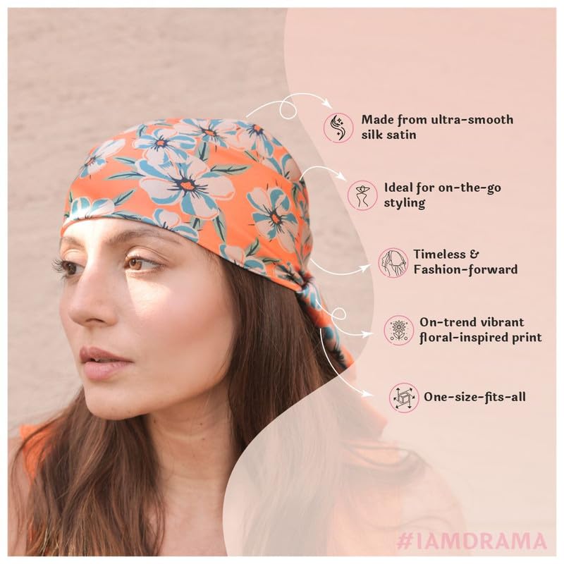 Hair Drama Co. Floral Blossom Print Bandana Head Scarf for Women | Silk Satin Head Wrap Bandana Scarves | Boho Style Statement Headband Stylish Design | All Day Wear Scarves | Hair Scarf Accessories