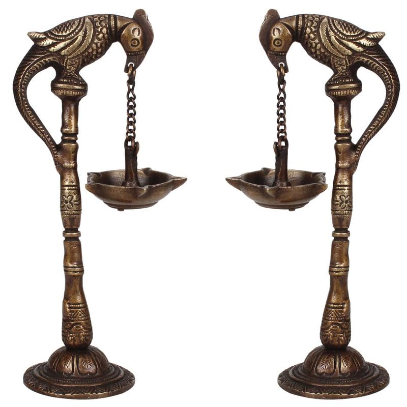 SVARUP Antique Brass Diya with Parrot Design: Ideal for Traditional Puja Rooms.