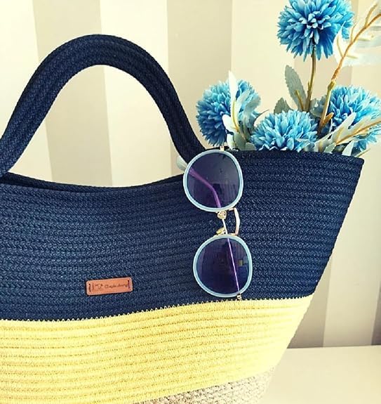BEAUTIFUL HOMMIES Attractive Hand Bag |large Tote Bag |Summer Bag | Bucket Bag | Basket Bag | Bamboo Tote | Beach Bags for Women|Boho Bag|Handbag |Jute Bag |Handmade Bag (NAVY BLUE YELLOW)