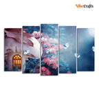 VIBECRAFTS Mushroom House in Enchanted Fairy Tale Forest Wall Painting of Five Pieces For Home|Office|Living Room|Gift (PTVC5Pcs2_6560)