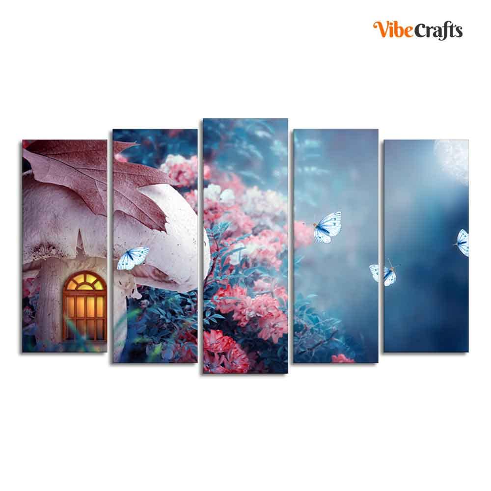 VIBECRAFTS Mushroom House in Enchanted Fairy Tale Forest Wall Painting of Five Pieces For Home|Office|Living Room|Gift (PTVC5Pcs2_6560)