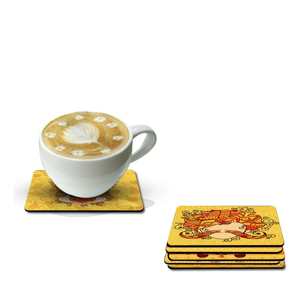 Artvibes Printed MDF Wooden Coasters for Home and Kitchen | Dining Table Decor | Square Coasters | Kitchen Decorative Items | Table Decoration | Home Decor (Set of 6 | 4x4 Inch)(Cultural Art) TC_2003