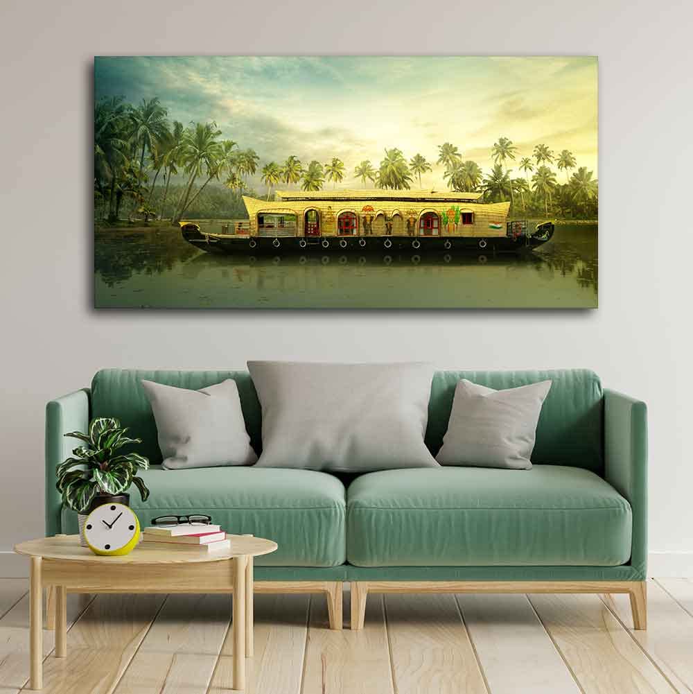 VIBECRAFTS Homcraft Canvas Paintings for Living Room Drawing Room Beautiful House Boat in Kerala Premium Wall Painting Fitted with Wooden Frame for Home|Office|Gift(PTVCH_2279)