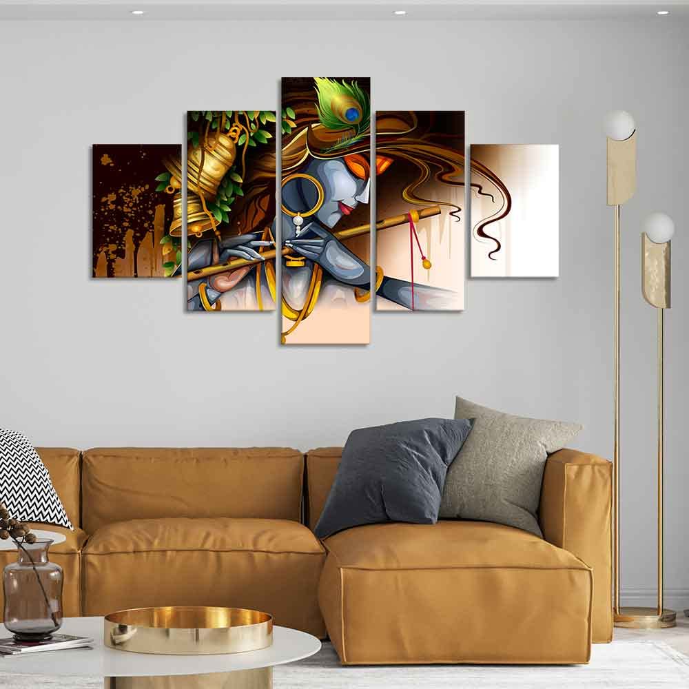 VIBECRAFTS Shree Krishna Playing Bansuri 5 Pieces Premium Wall Painting For Home|Office|Living Room|Gift (PTVC5Pcs1_5506)