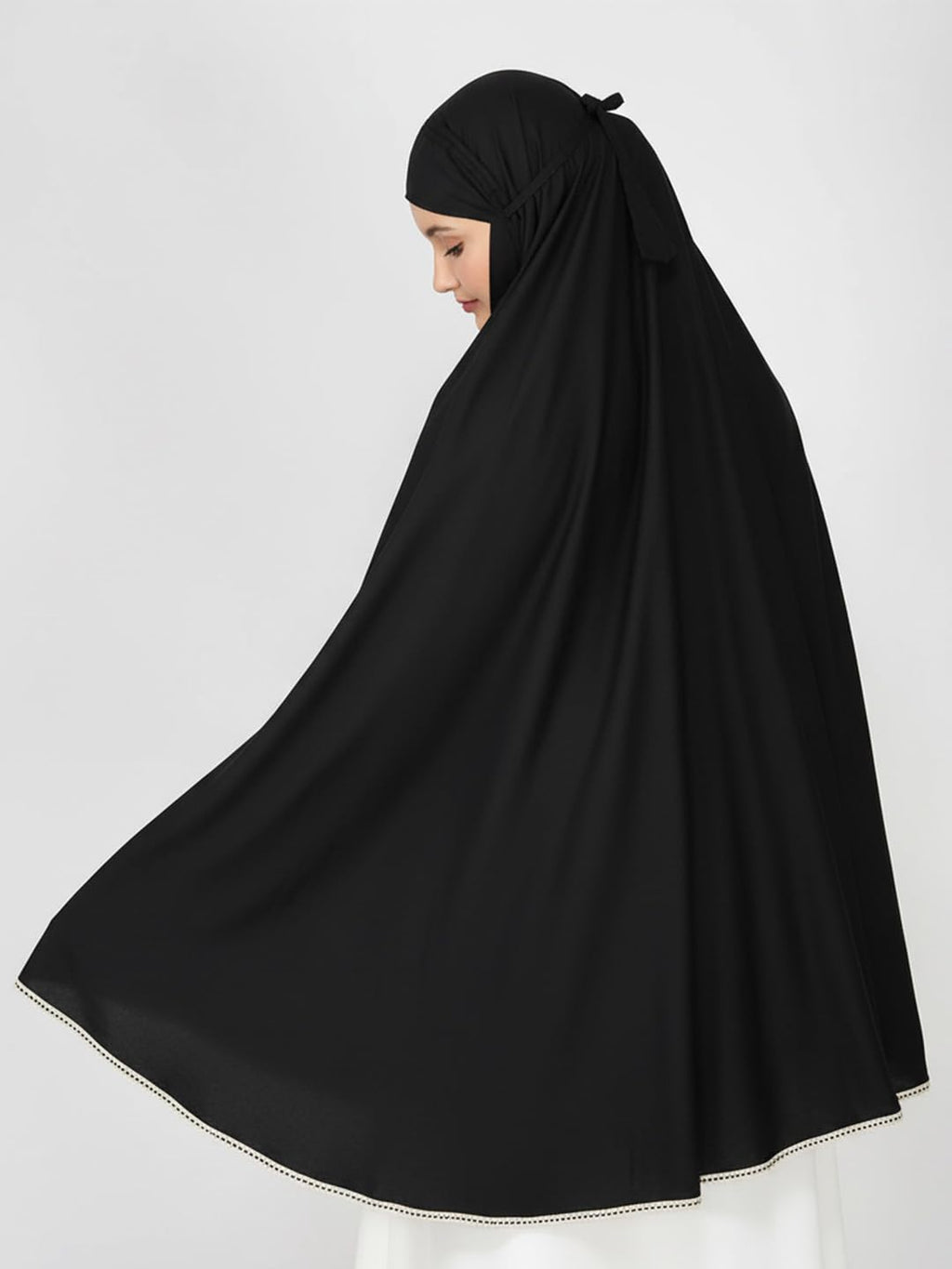ANAApparels ANA Arisha Black Solid Prayer Dress – Soft Rayon Cotton Namaz Makhna with Tie Knot | 40″ Front × 44″ Back | Lightweight, Ready to Wear for Hajj, Umrah & Salah