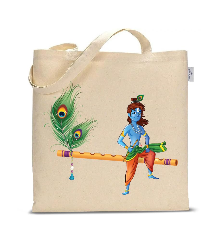 Gift a Joy Krishna On Flute Printed Cotton Canvas Tote Bag for Women | Reusable Eco-Friendly Shoulder Shopping Bag | Office, College, Travel & Everyday Use