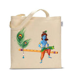 Gift a Joy Krishna On Flute Printed Cotton Canvas Tote Bag for Women | Reusable Eco-Friendly Shoulder Shopping Bag | Office, College, Travel & Everyday Use