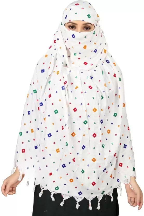 Navvi Pure Cotton Printed White Scarf for Women & Girls | Scarf with Head Cover | Scarves |Bandana| Hijab | Dupatta | Protection from Sunlight, Dust | Usable for Scooty, Bike