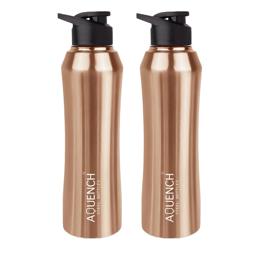 Aquench Stainless Steel Water Bottle, 1 Litre Capacity,Gym, Office, Boys, Girls, Men, Women, Kids, Fridge 1Ltr - 1000 ml, Leak-proof Sipper Cap (Pack of 2, Copper)