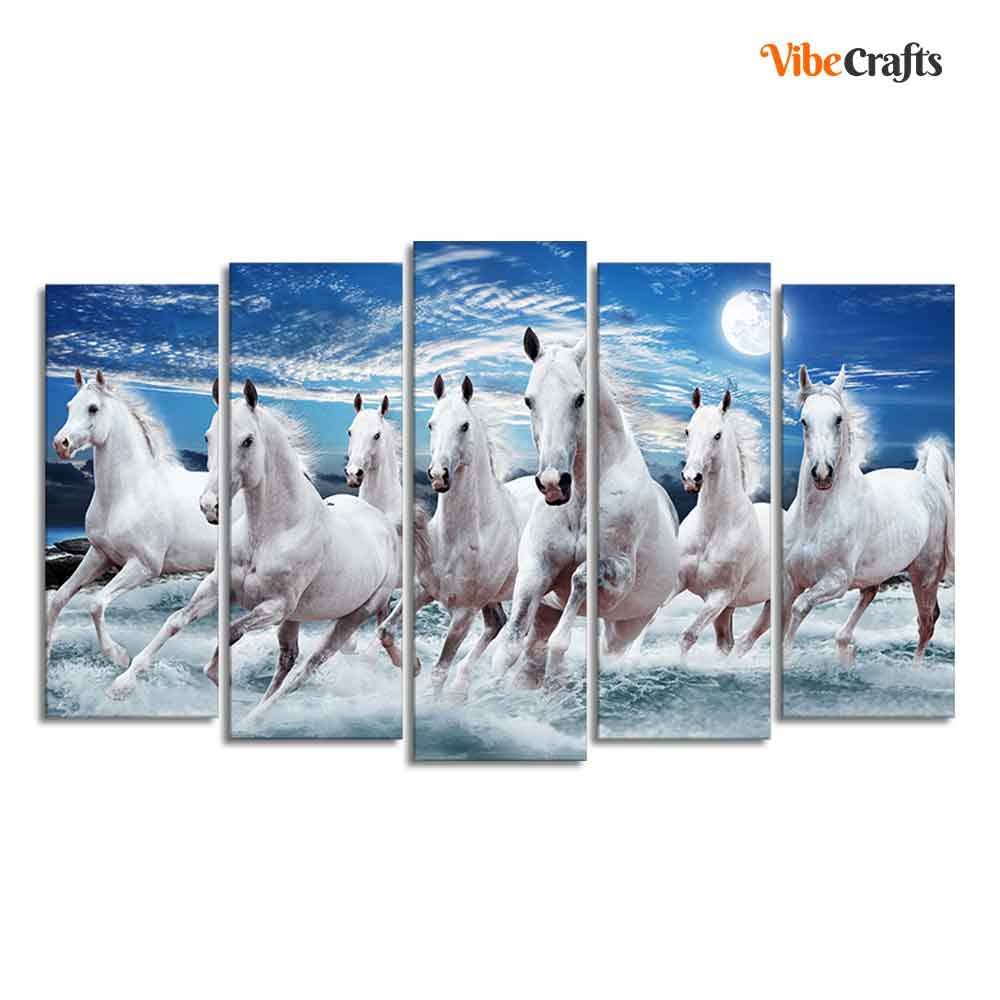 VIBECRAFTS Seven Running Horses in Water Canvas Wall Painting of Five Pieces For Home|Office|Living Room|Gift (PTVC5Pcs2_6628)