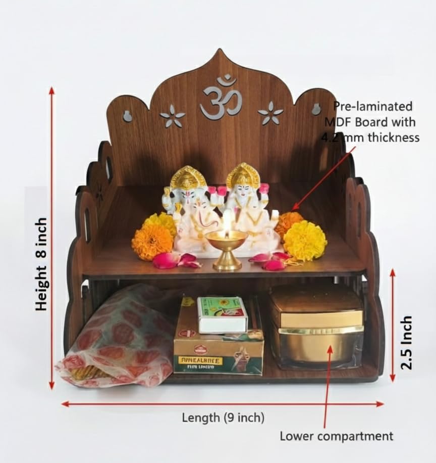 Bindian Wooden Pooja Mandir for Home Wall Mounted | Wooden Table Top God Temple | Pooja Stand for Home | Puja Mandir | Puja Unit for House | Temple for Office (Temple 2)