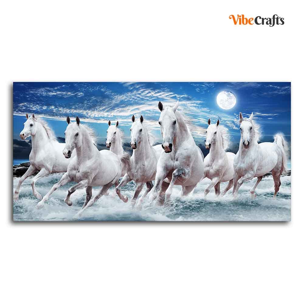 VIBECRAFTS Canvas Paintings for Living Room Drawing Room Beautiful Seven Running Horses Wall Painting in Water Wall Art Fitted with Wooden Frame for Home|Office|Gift(PTVCH_2255NN) (Multi 5)