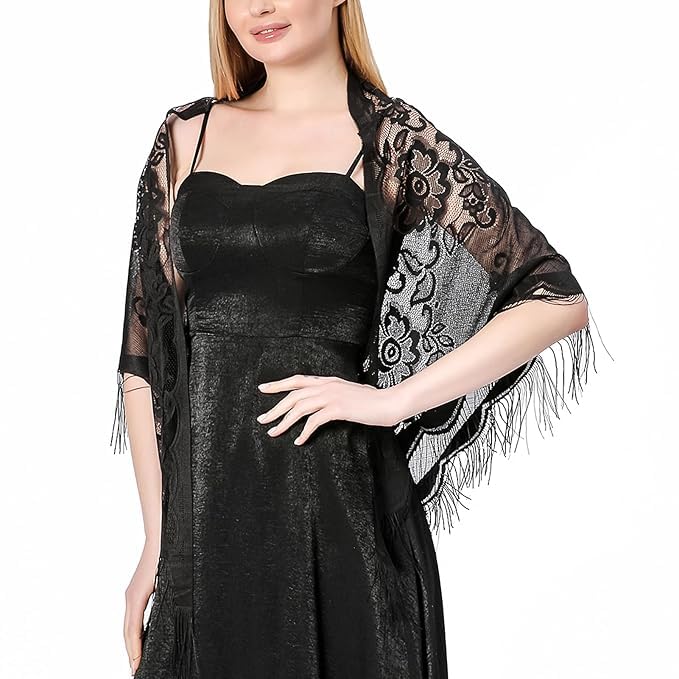 Alexvyan Floral Design Triangle Lace Stole and Wraps for Evening Dresses with Tassels for Evening Party Mesh Wedding Shawls for Summer