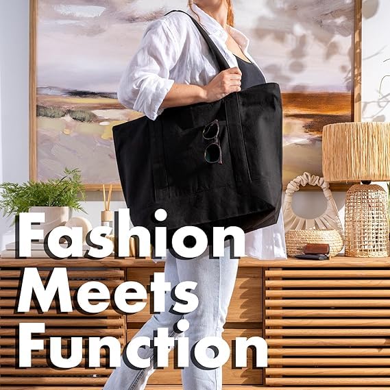 Econest Large Canvas Tote Bag for Women, Beach Bags, Travel Bag with Outer Pockets & Inner Zipper Pocket, Reusable Multi-Purpose Cotton Bags for School/Gym/Shopping/Beach & Groceries, (BLACK)