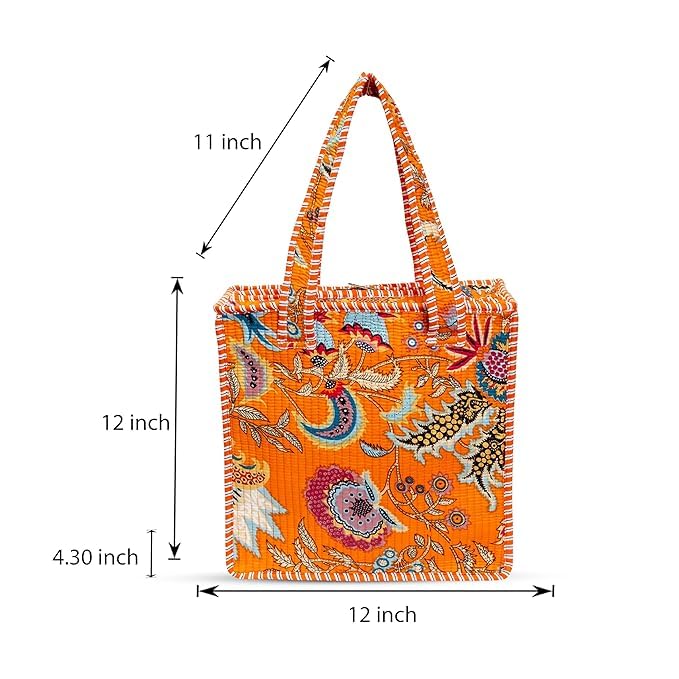 Cotton Quilted Tote Bag for Women, Jungle Print Handbag, Reusable Shoulder Bag with Dual Handles, Lightweight Travel Shopping Tote, Large Capacity Everyday Carry Bag - (Orange flower bag, 12×12 In)