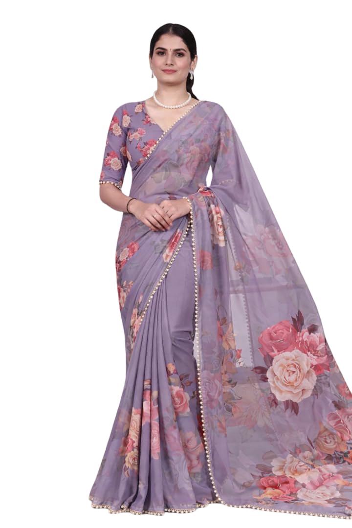 Femori Women's Georgette Floral Printed Saree, Aqua Blue with Pearl Border Detailing, Lightweight and Breathable (LAVENDER)