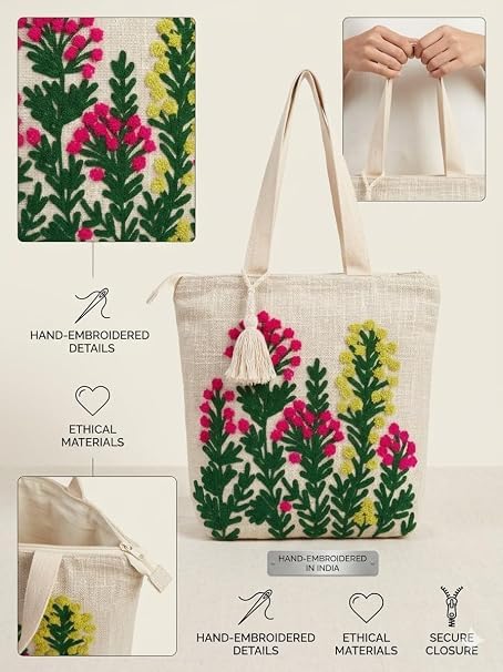 Embroidered Canvas Tote Bag, Cream, Floral Butterfly Design, Zipper Closure with Tassel
