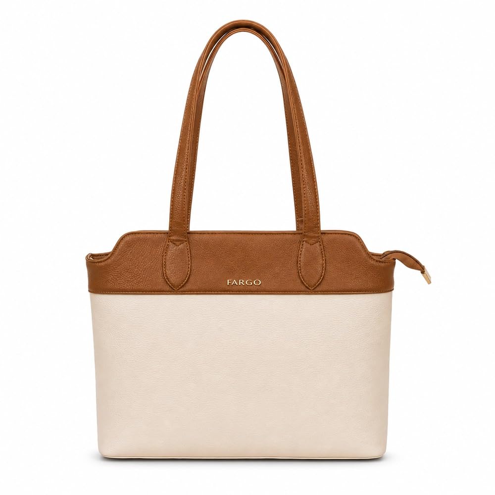 Fargo Aura Tote Bag for Women | Vegan Leather Handbag with 15-Inch Laptop Compartment, Smooth Zip | Stylish Office, College & Daily Use Tote | Made in India (Ivory)