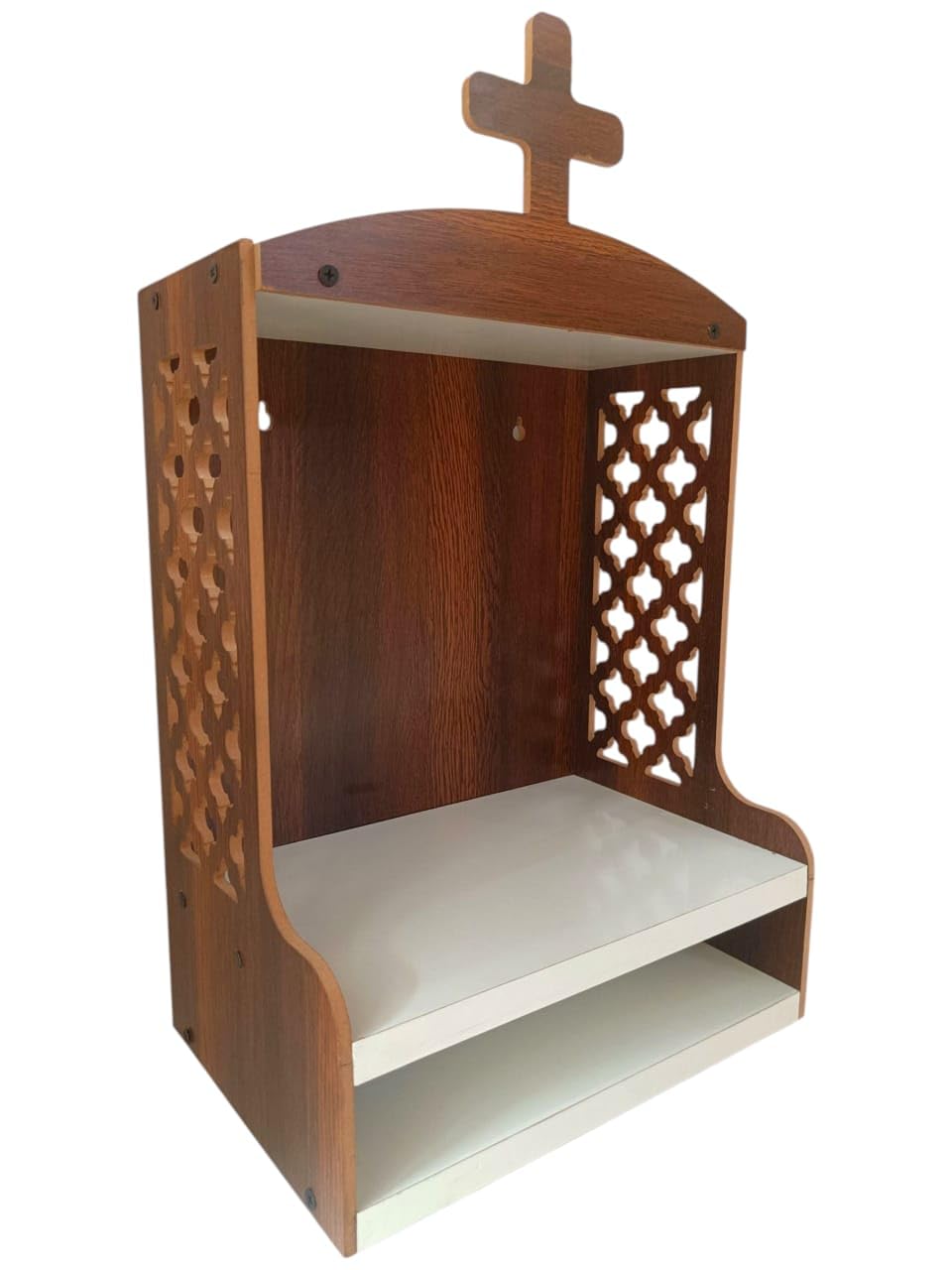Premium Christian Cross Temple, Wooden Jali Mandir, Jesus Cross Temple, Home and Office Wall Mount Temple, Brown & White