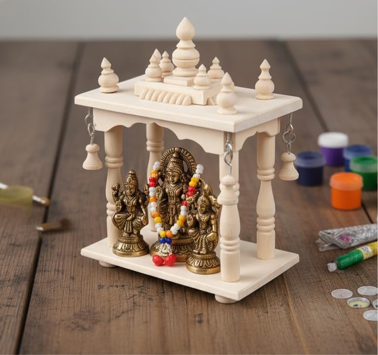Handcrafted Wooden Temple Mandir for Home – Traditional Pooja Chowki with Bells, Wooden Mandap Stand for Idols, Home Décor & पूजा Setup