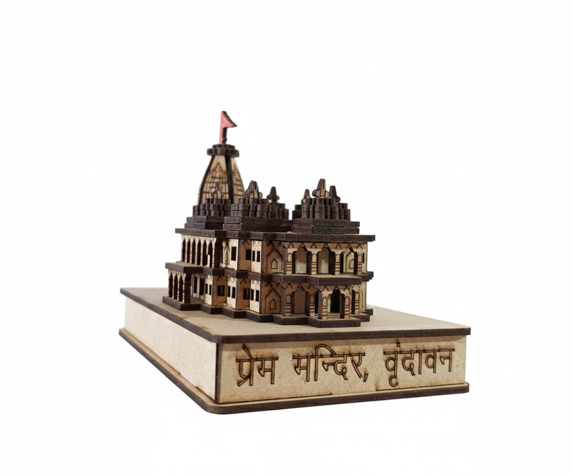 Prem Mandir Wooden Model, 3D Temple Replica with Intricate Architecture and Flag (Pack of 1)