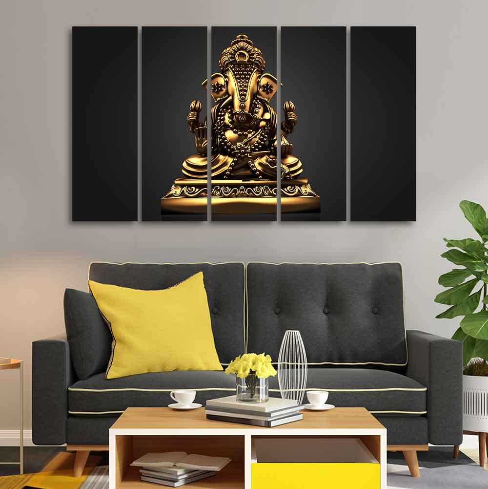 VIBECRAFTS Golden Statue of Ganesha Wall Painting of Five Pieces For Home|Office|Living Room|Gift (PTVC5Pcs4_8714)