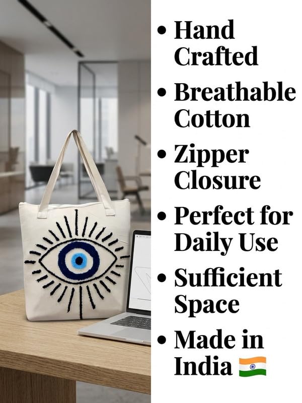 ABSTRACT INDIA Handcrafted Shoulder Tote Bag with Zipper Closure | Cotton Canvas Breathable fabric | Travel, Office, College & Daily Use Tote Bag for Women