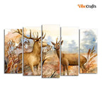 VIBECRAFTS Canvas Wall Painting Pair of Deer in the Forest Set of Five Pieces For Home|Office|Living Room|Gift (PTVC5Pcs2_6542)