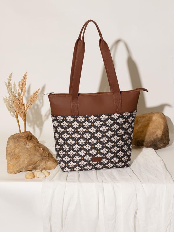 ZOUK Bidri Kaiser Floral Printed Women's Jute Handcrafted Vegan Leather Blue Everyday Tote
