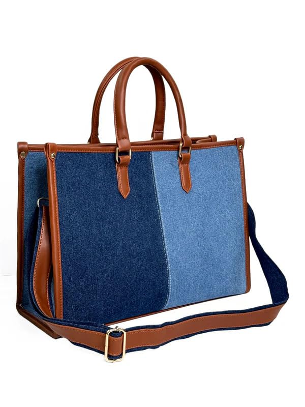 KIVOLEX Denim Laptop Tote Bag for Women | Fits 14 Inch Laptop | Office & College Handbag with Adjustable Shoulder Strap | Multi-Compartment Work Bag | Premium Denim & Vegan Leather