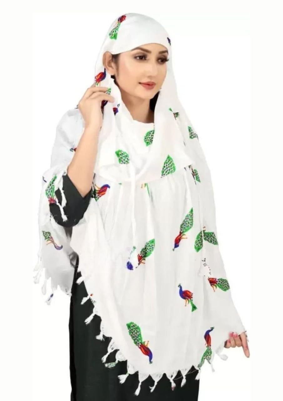 Vinsh Enterprise Cotton Long Scarf Cum Mask Scarves Usable for Vehicle Driver | White Printed Design | Universal Size | For Girl & Women | Soft & Breathable Sun Protection (PEACOCK)