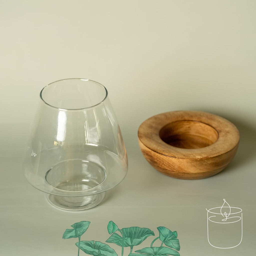 Araana Home Glass Candle Holder with Wooden Base - Decorative Centerpiece for Home Décor, Living Room, Dining Table, and Special Occasions - Home Decore.