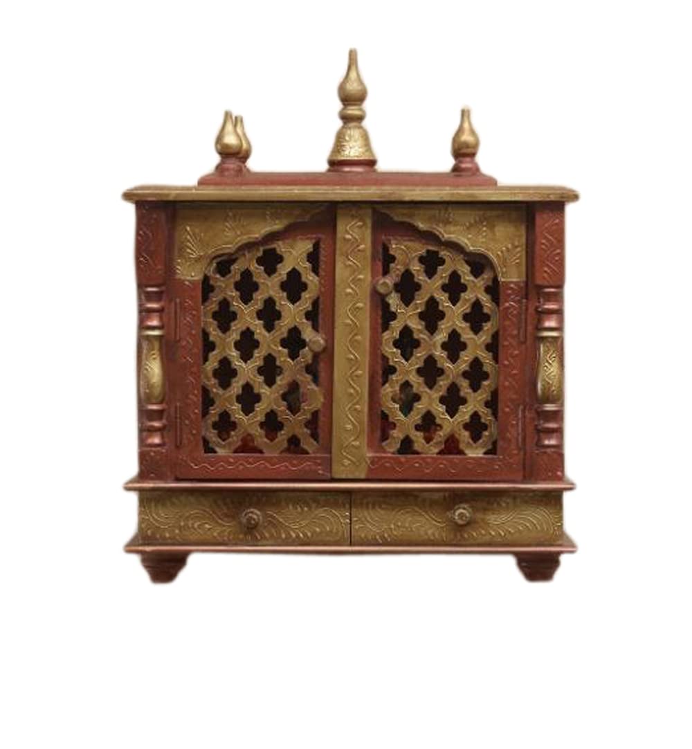 Jodhpur Handicrafts MDF Wood Home Temple Puja Mandir Home Temple Pooja Mandir with Door Pooja Room Stand (18 inch x 9 inch x 22 inch, Copper & Golden)