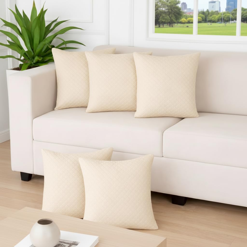 STITCHNEST Quilted Velvet Cushion Covers Set of 5 | Soft Beige | 18x18 Inches | Premium Sofa & Living Room Décor