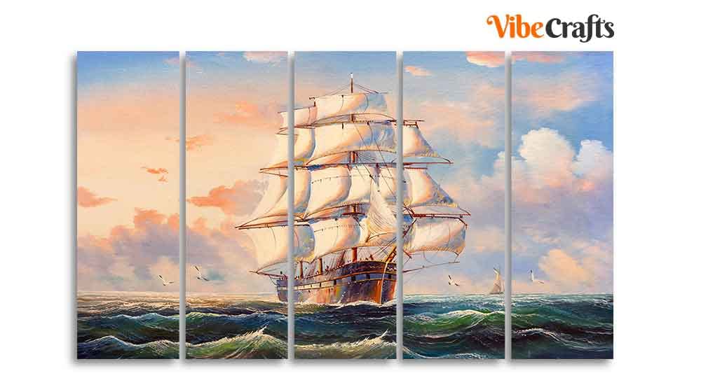 VIBECRAFTS Amazing Sailing Ship Wall Painting of Five Pieces For Home|Office|Living Room|Gift (PTVC5Pcs4_8630N)