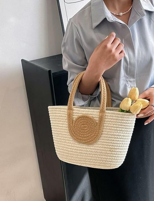 Handmade Crochet Tote Bag with Circular Handle, 25 cm x 15 cm (IVORY BEIGE)