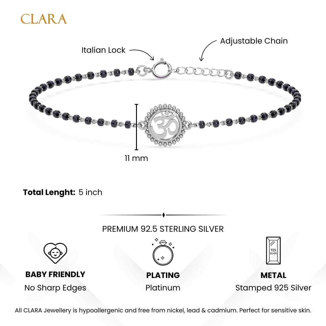 Clara 925 Sterling Silver Baby Kid Nazariya Om Bracelet with Black Beads
