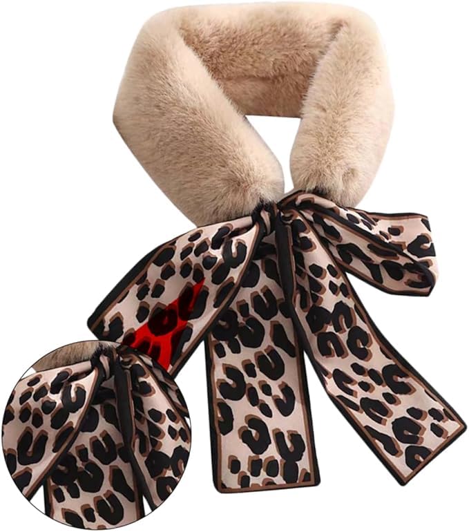 THE DDS STORE Winter Women Faux Fur Collar Leopard Print Scarves Plush Wrap Korea Bow Tie Neck Warmer Formal Party Shawl (Peach)