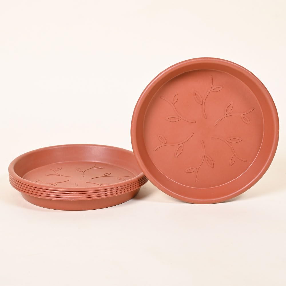 Ugaoo UV Treated Gardening Plastic Tray (Plate/Saucer) for Pots - 10 inch, Brown/Terracotta Color, Set of 6 | Tray for Plants Pot for Indoor Home Decor & Outdoor Garden & Balcony